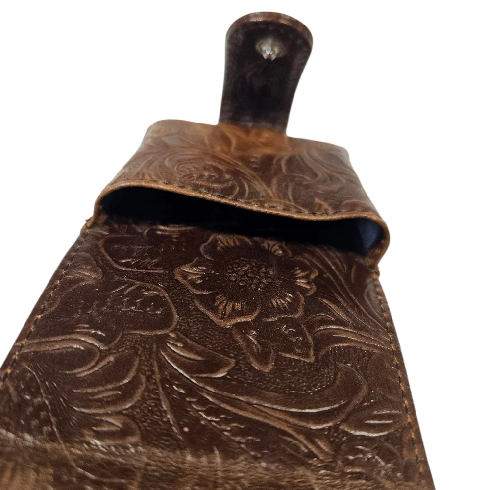 Vintage Tooled Leather Flip Phone Holder – Western Floral Embossed Brown Case